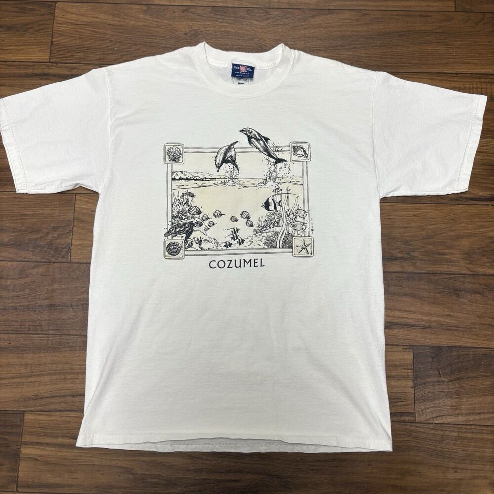 Vintage Cozumel Mexico Del Sol T Shirt Mens Large White Dolphin Nature